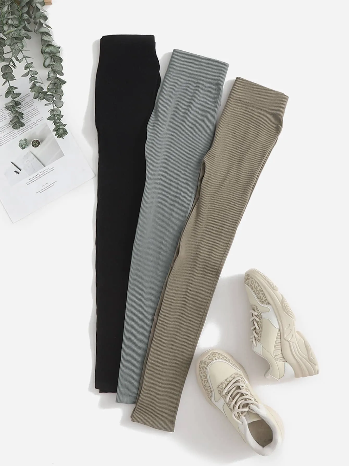 3pcs High Stretch Rib Knit Sports Leggings