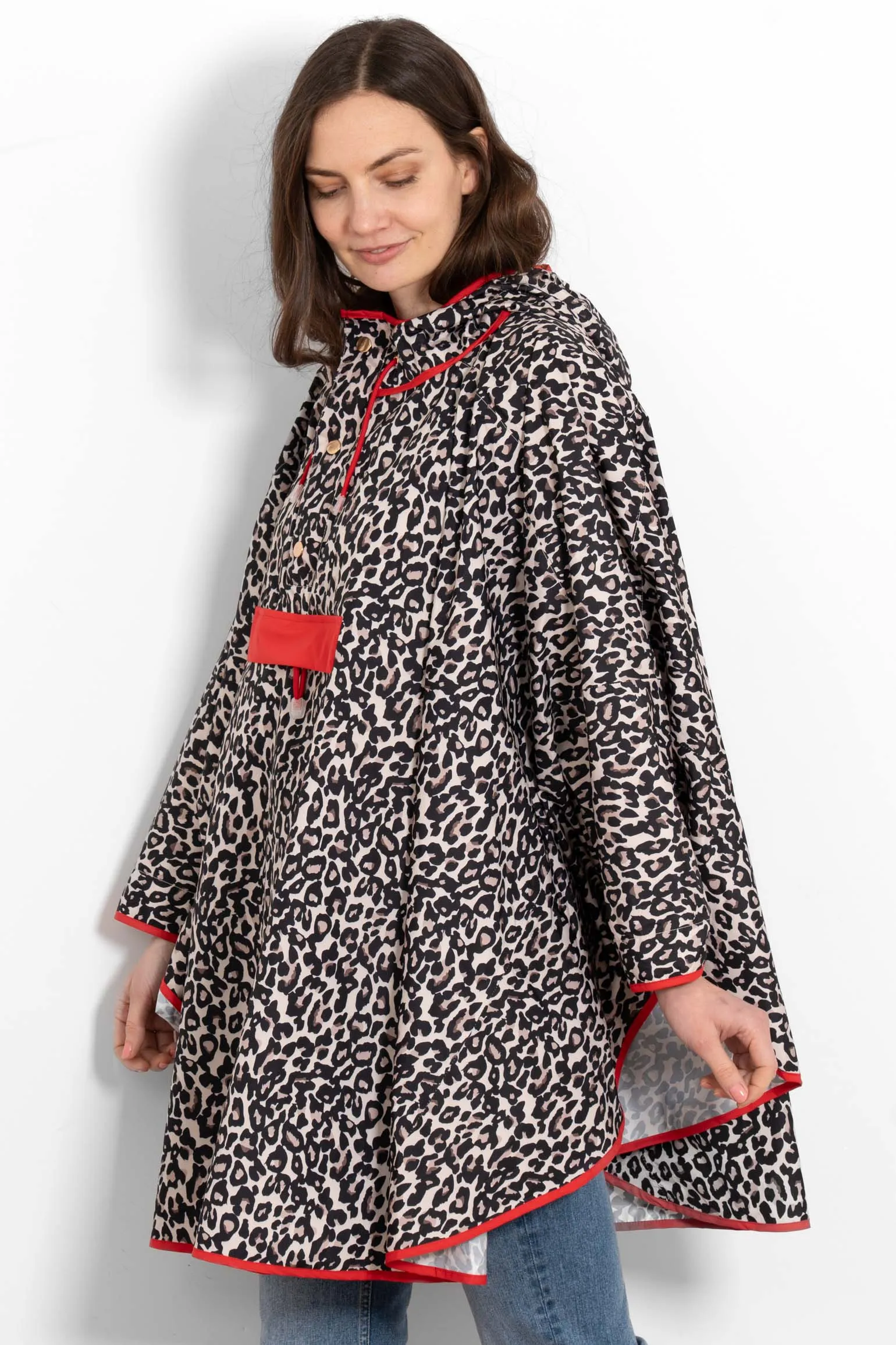 Aspen Rain Poncho - Cream/Red, Leopard