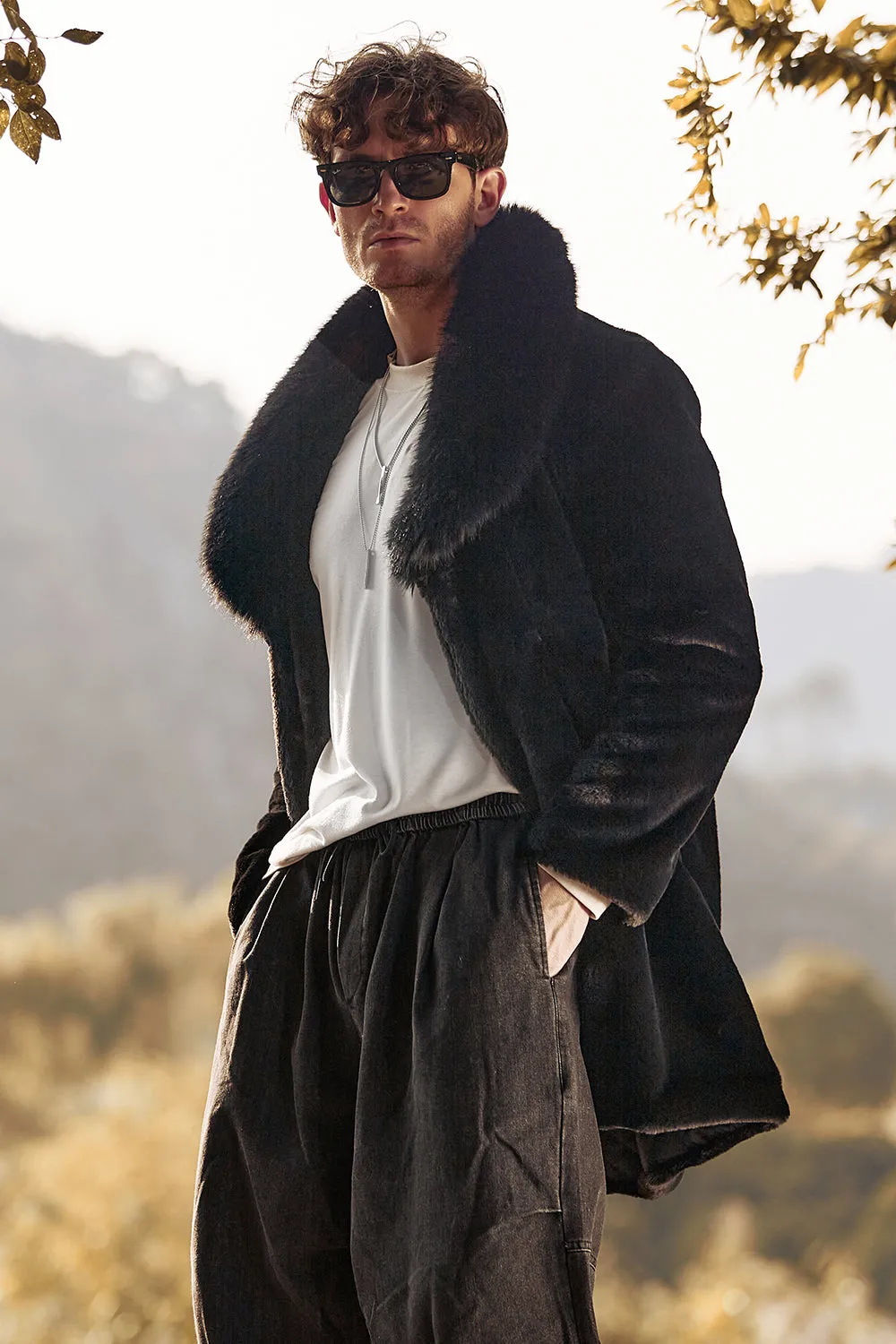 Black Fluffy Shawl Lapel Faux Fur Long Men Coat