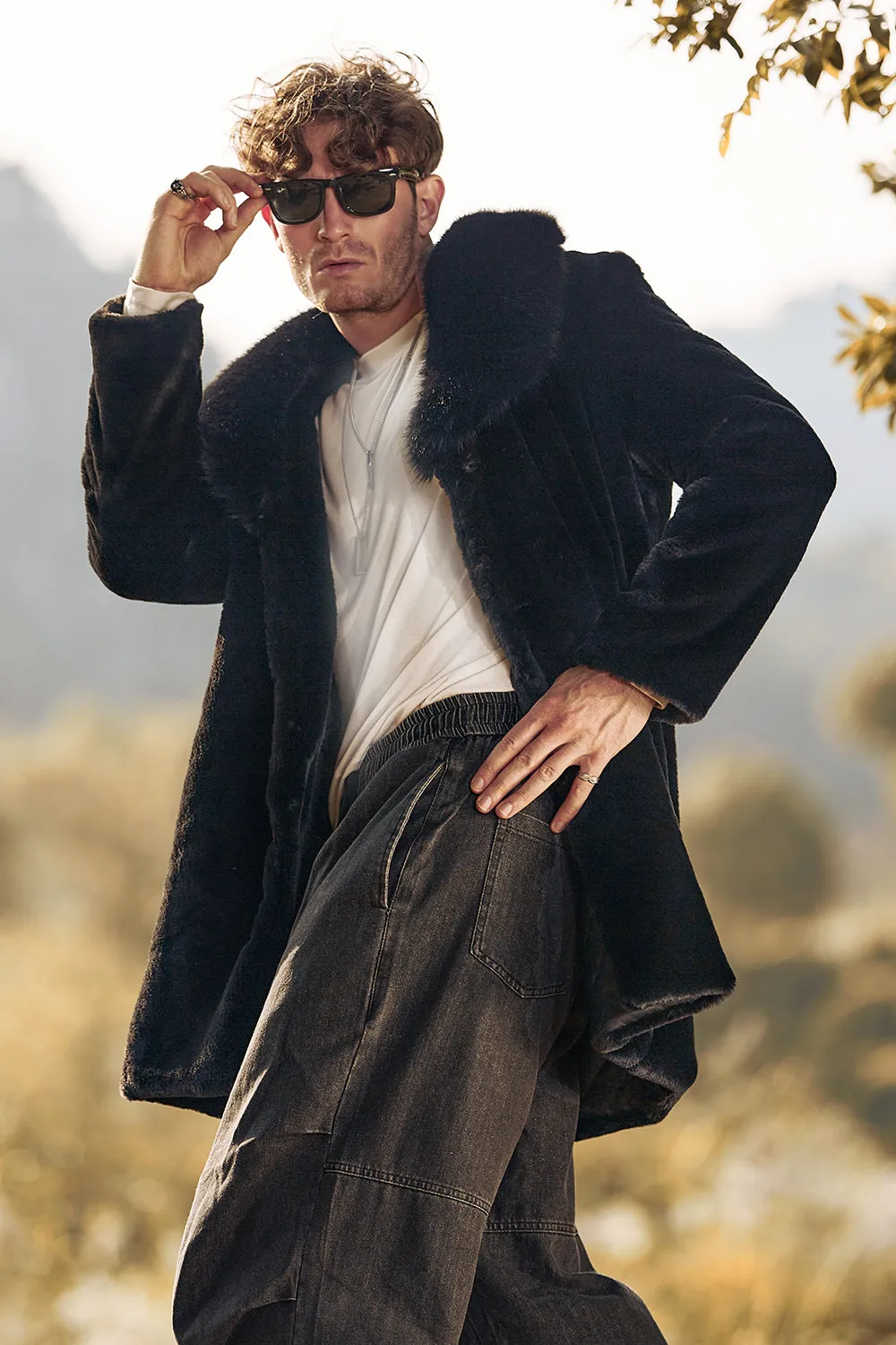 Black Fluffy Shawl Lapel Faux Fur Long Men Coat