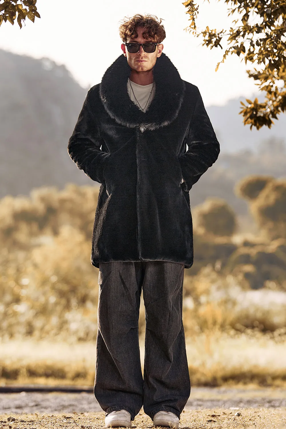 Black Fluffy Shawl Lapel Faux Fur Long Men Coat