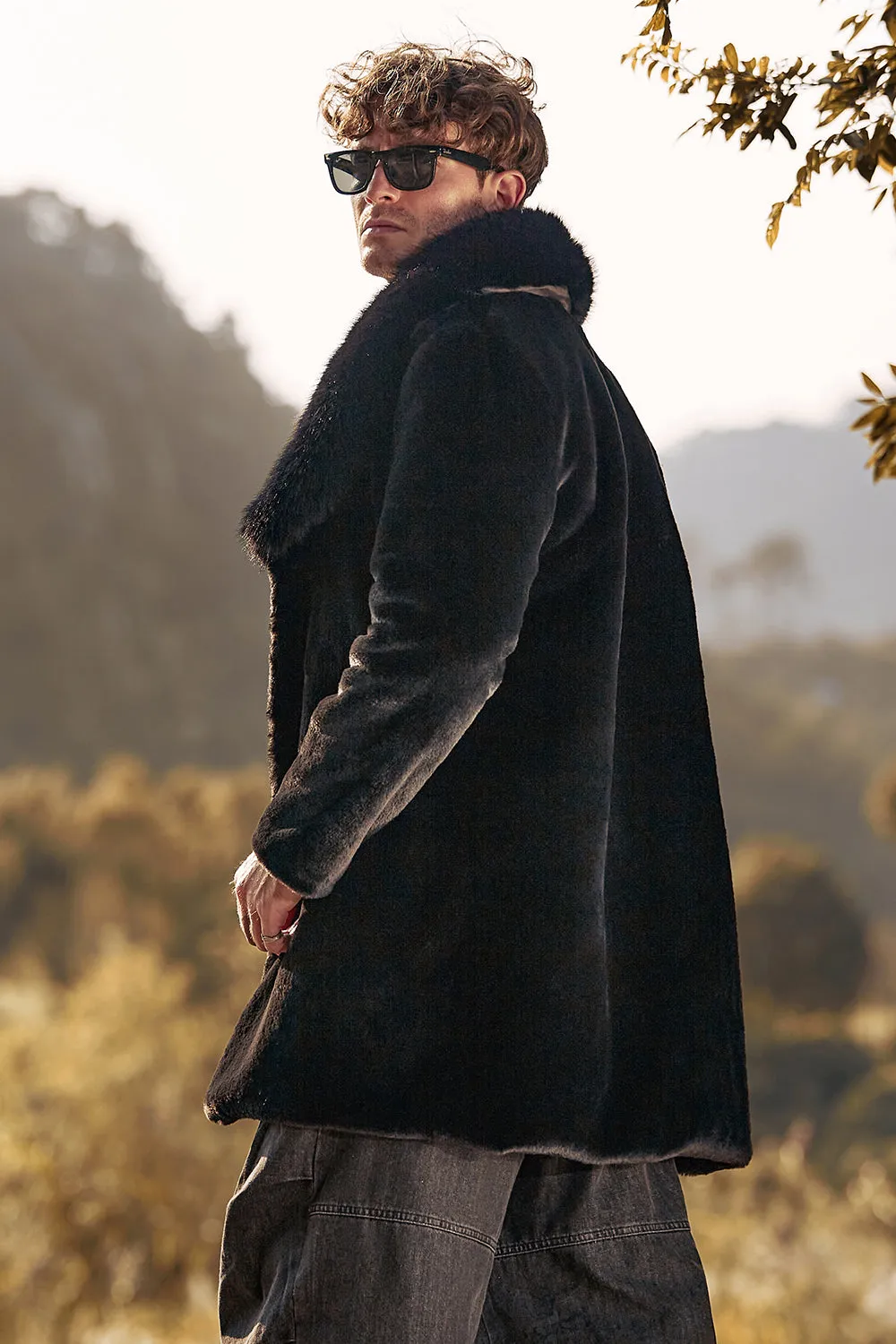 Black Fluffy Shawl Lapel Faux Fur Long Men Coat