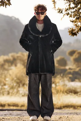 Black Fluffy Shawl Lapel Faux Fur Long Men Coat