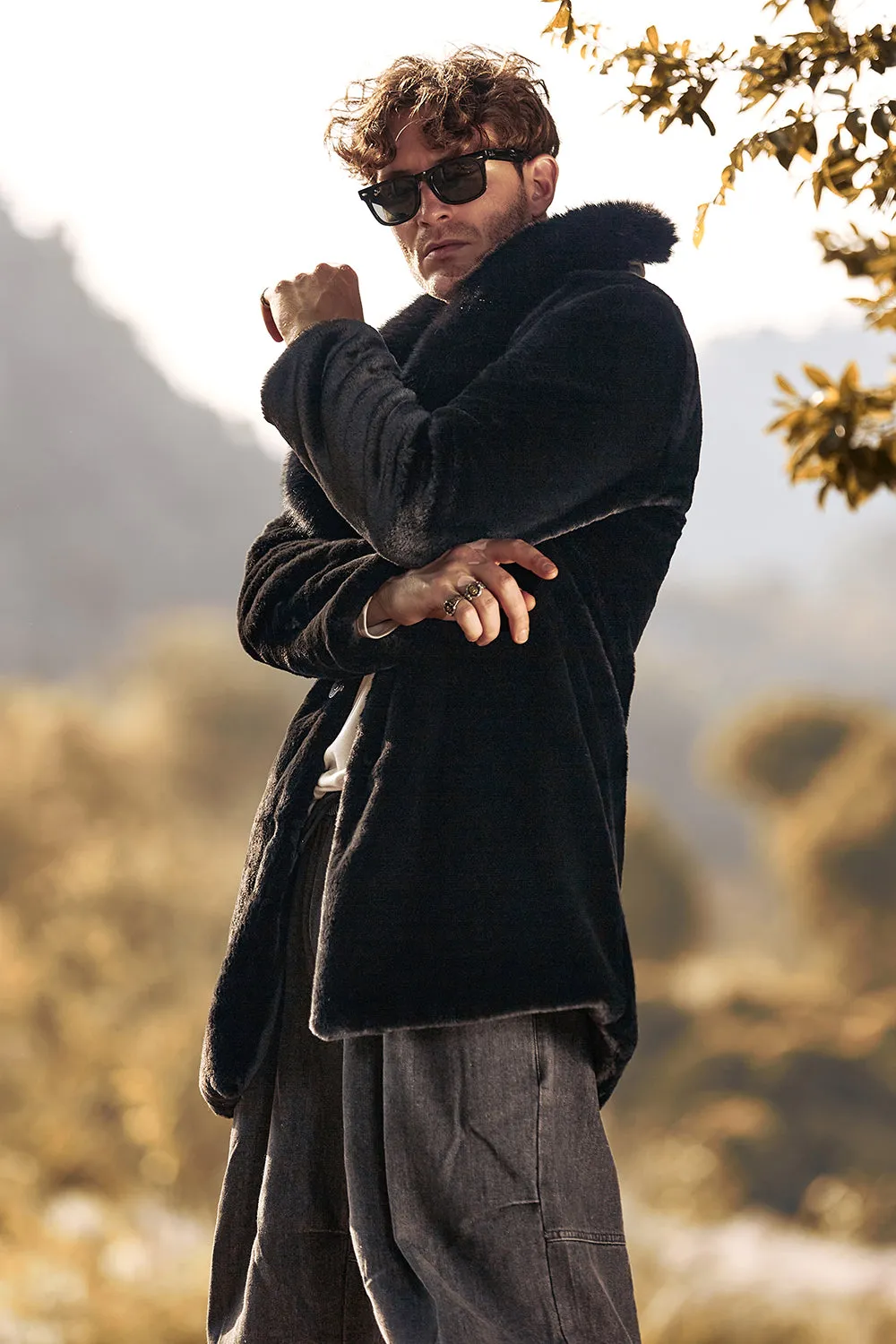 Black Fluffy Shawl Lapel Faux Fur Long Men Coat