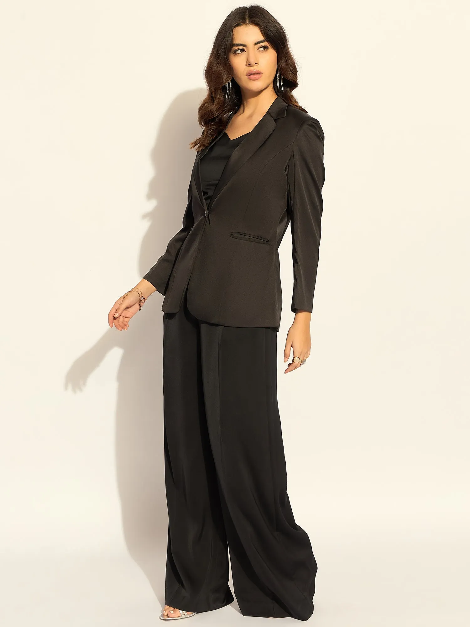Black Polyester Loose-Fit Elegant Blazer Set With Bustier