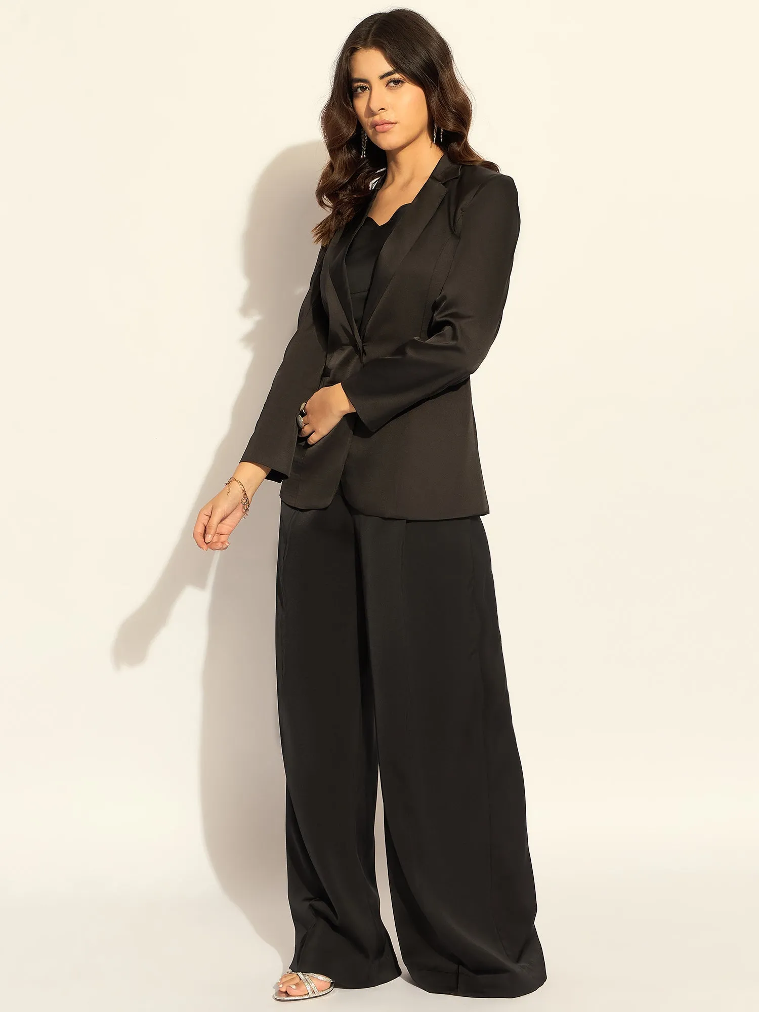 Black Polyester Loose-Fit Elegant Blazer Set With Bustier