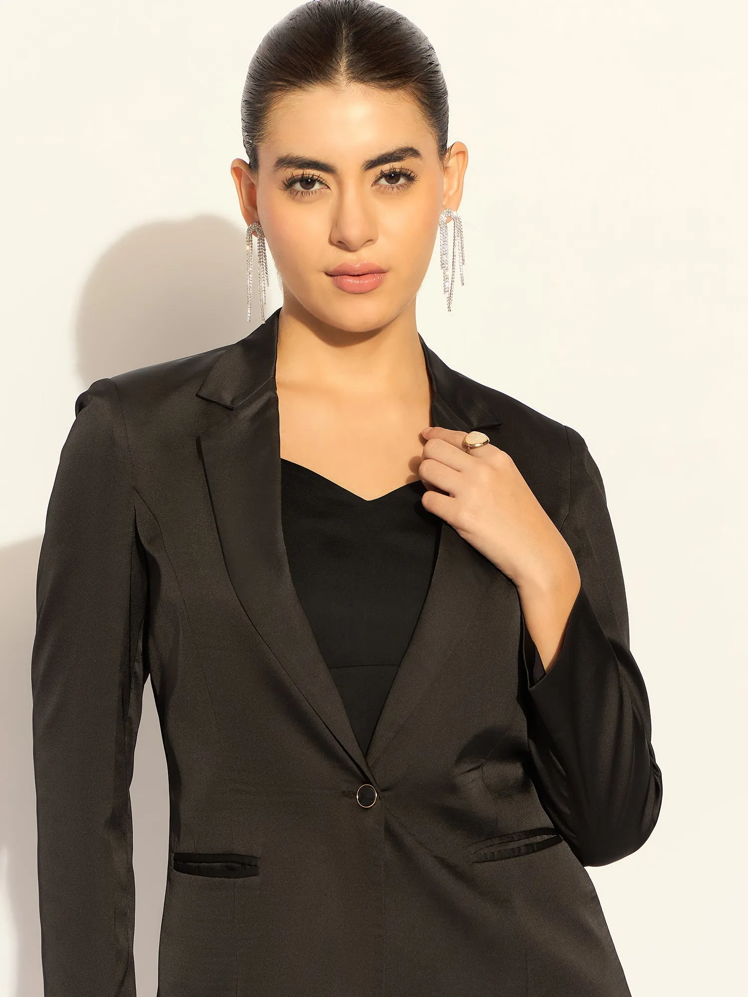 Black Polyester Loose-Fit Elegant Blazer Set With Bustier