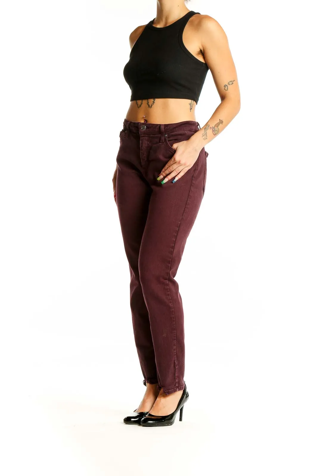 Burgundy High-Waisted Straight Leg Jeans