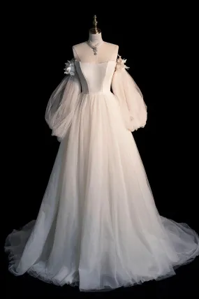 Champagne Tulle Long A-Line Prom Dress, Off the Shoulder Long Sleeve Tulle Party Dress