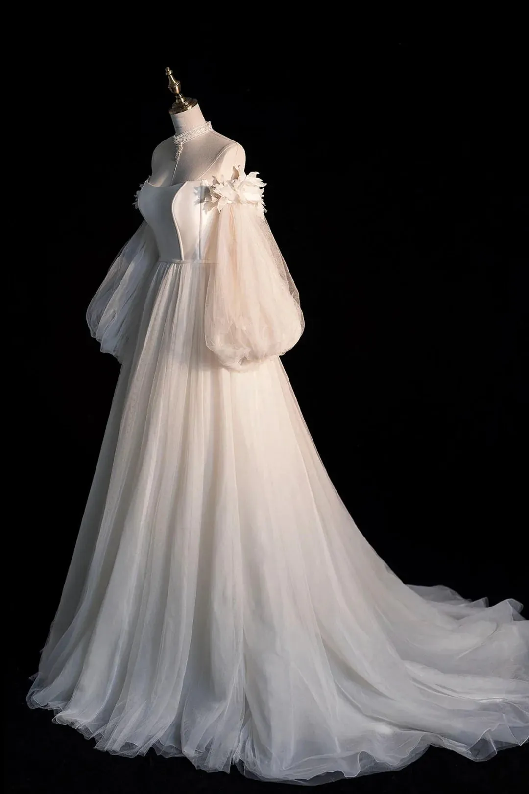 Champagne Tulle Long A-Line Prom Dress, Off the Shoulder Long Sleeve Tulle Party Dress
