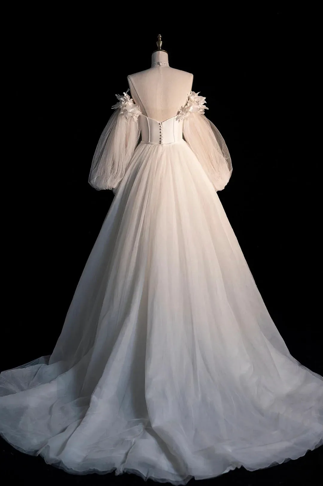 Champagne Tulle Long A-Line Prom Dress, Off the Shoulder Long Sleeve Tulle Party Dress