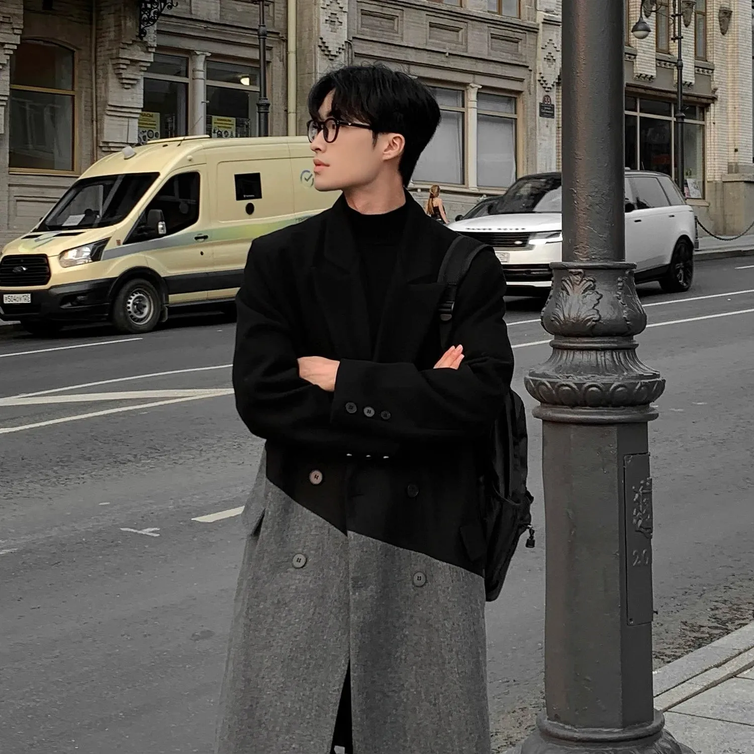 Chicmy-2024 Autumn Winter Korean Long Woolen Trench Coat Men Fashion Black Gray Contrast Color Patchwork Windbreaker Overcoat