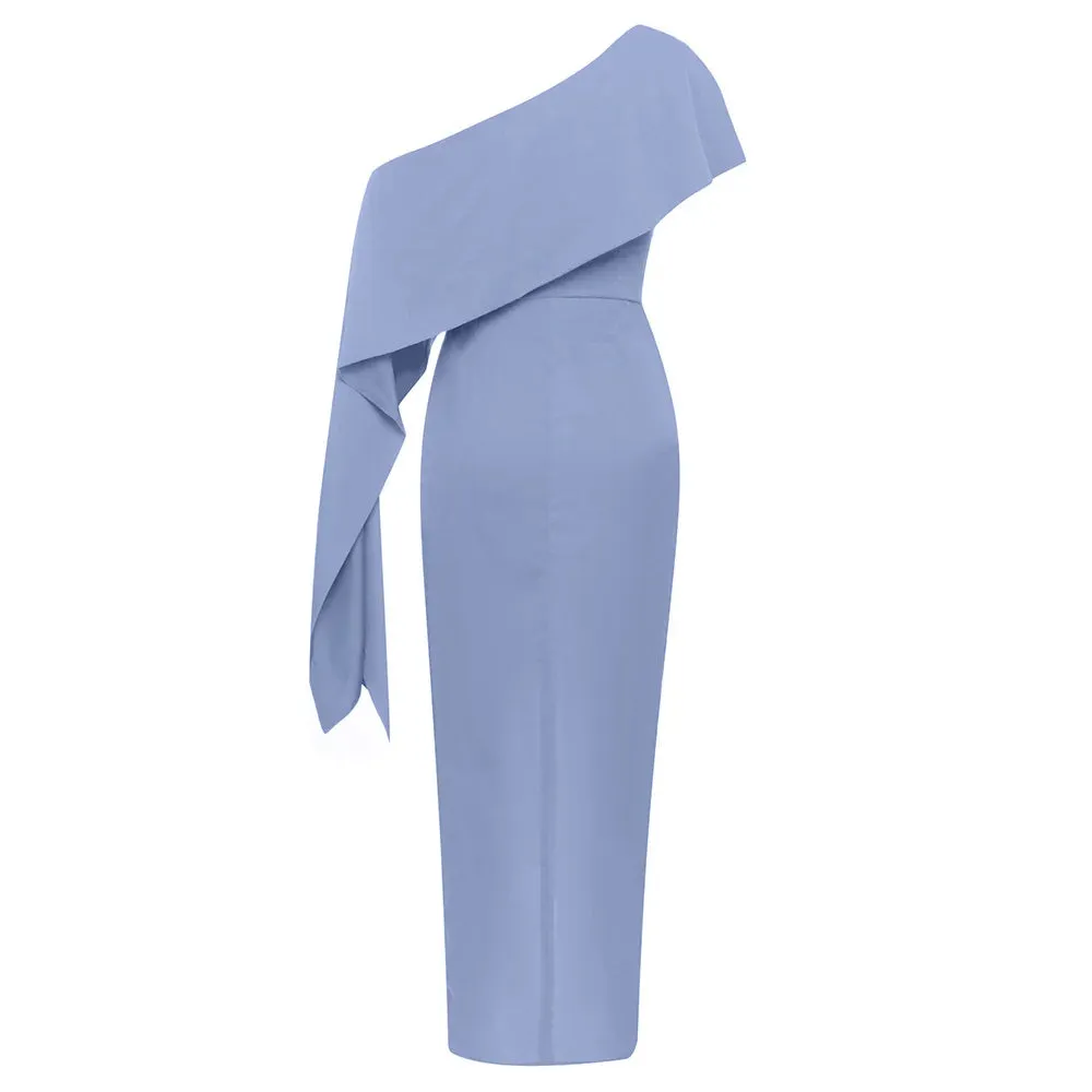 Faye Asymmetrical Neck Ruched Split Thigh Dress
