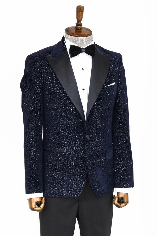 Glitter Floral Patterned Navy Blue Men Wedding Tuxedo Blazer - Wessi