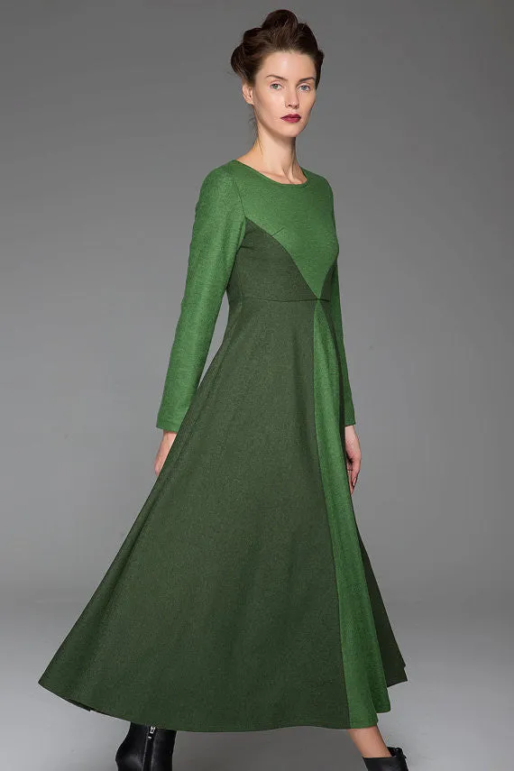 Green Wool Dress Winter Maxi Dress Dark Green Stitching Dress Long Sleeves Dress(1443)