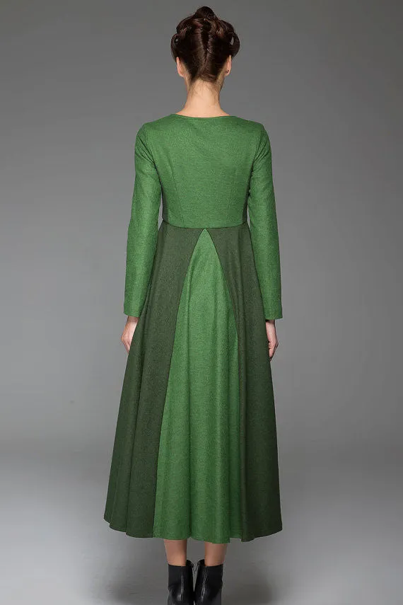 Green Wool Dress Winter Maxi Dress Dark Green Stitching Dress Long Sleeves Dress(1443)
