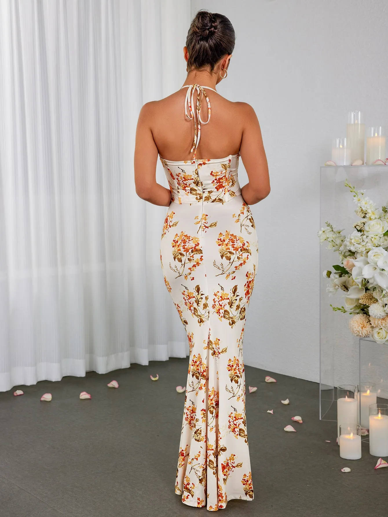 Halter Corset Ruched Floral Print Bodycon Dress