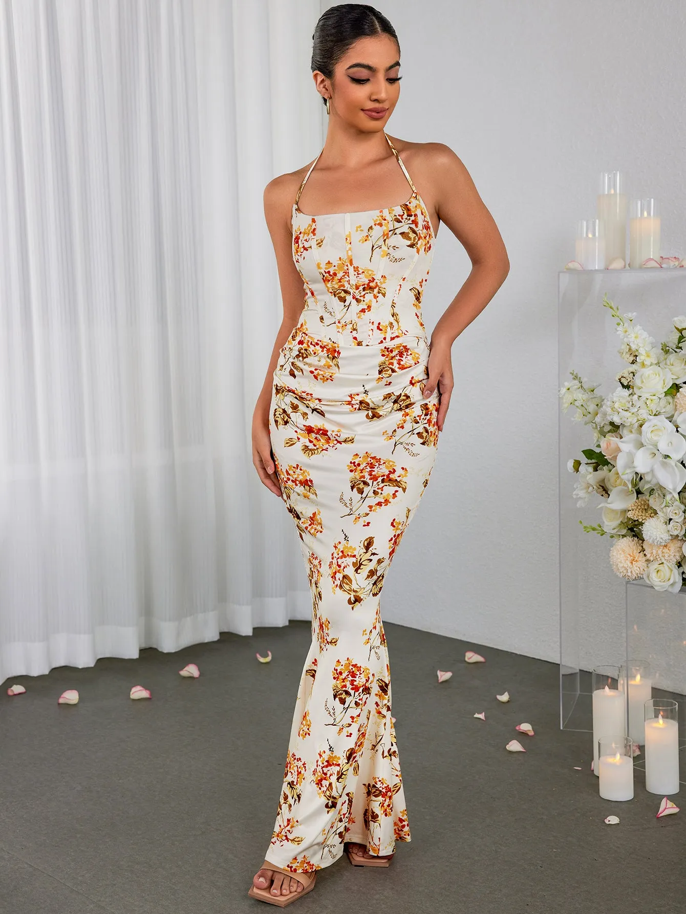 Halter Corset Ruched Floral Print Bodycon Dress