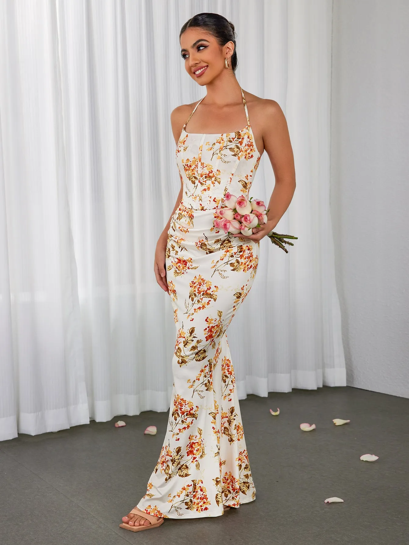 Halter Corset Ruched Floral Print Bodycon Dress