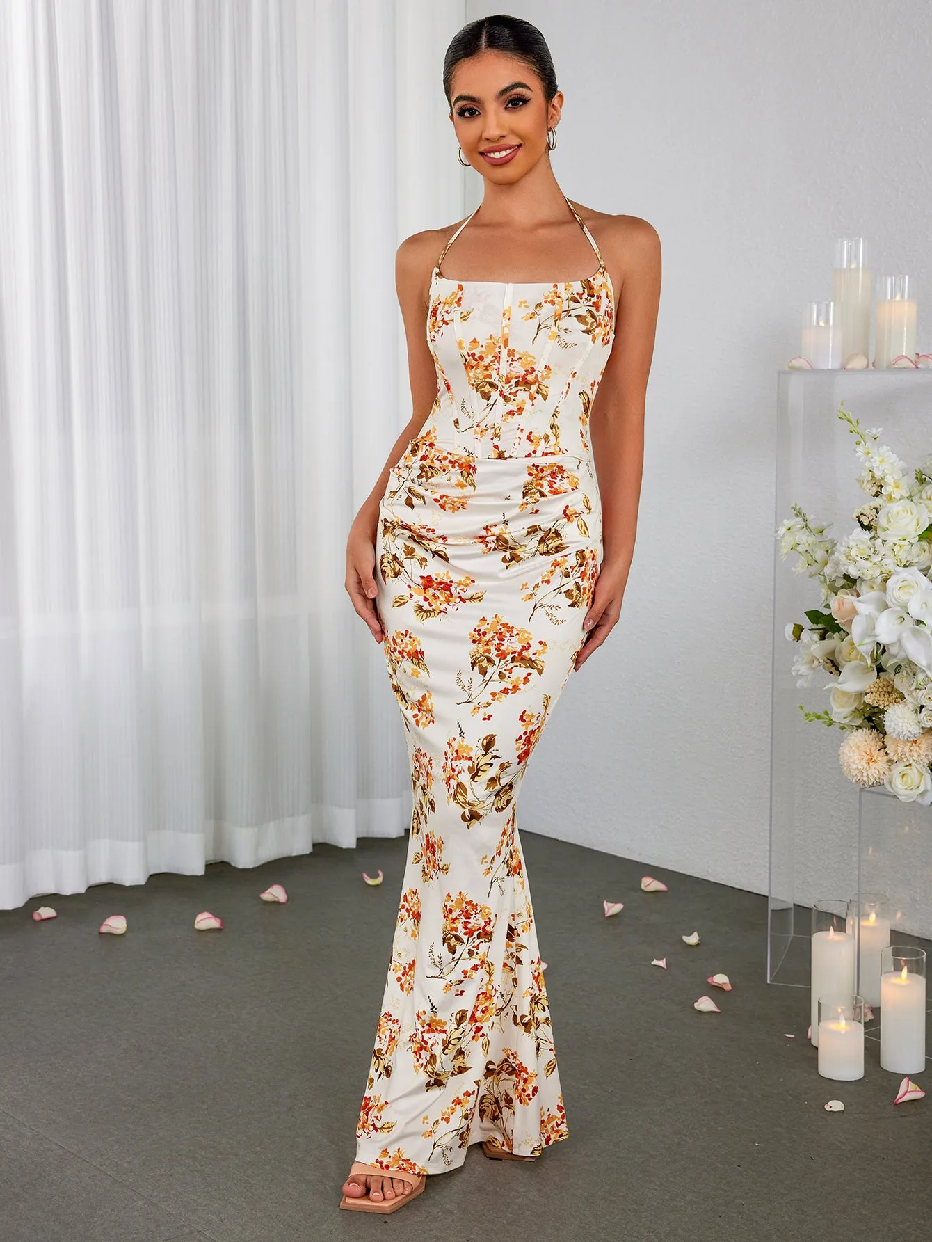 Halter Corset Ruched Floral Print Bodycon Dress