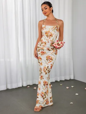 Halter Corset Ruched Floral Print Bodycon Dress