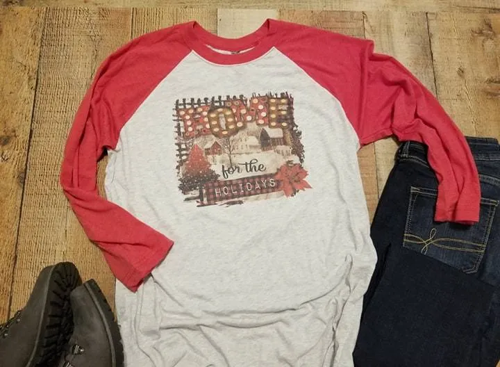 Home For The Holidays Adult Shirt, Raglan Baseball 3/4 Sleeve, Vintage Christmas Shirt