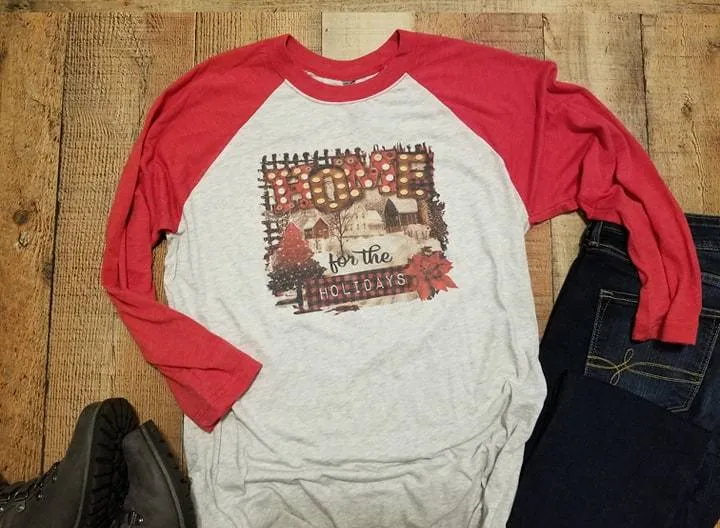 Home For The Holidays Adult Shirt, Raglan Baseball 3/4 Sleeve, Vintage Christmas Shirt