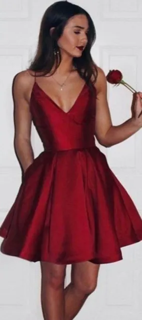 Knee Length Spaghetti Straps Burgundy Homecoming Dress