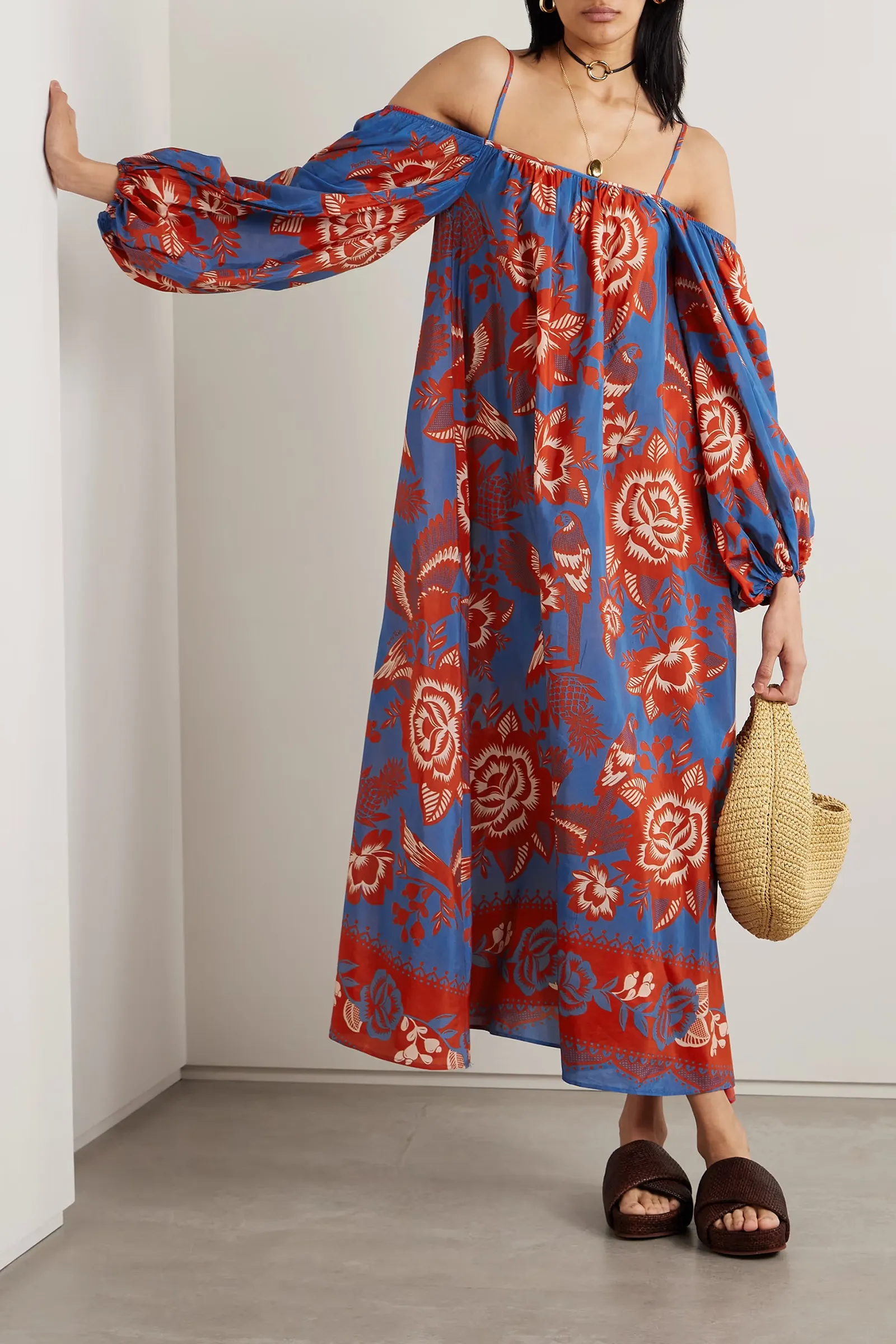 Lace Garden Oversized Cold-Shoulder Printed Cotton-Blend Maxi Dress