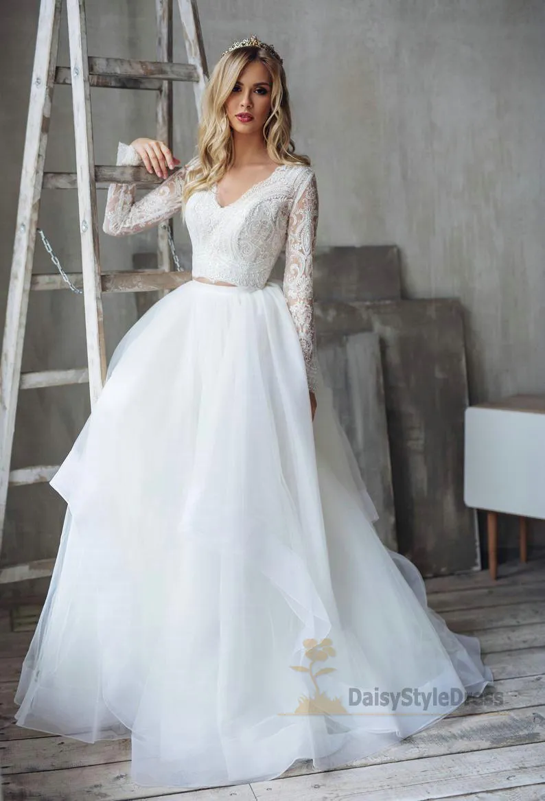 Long Lace Sleeve Two Piece Wedding Dress