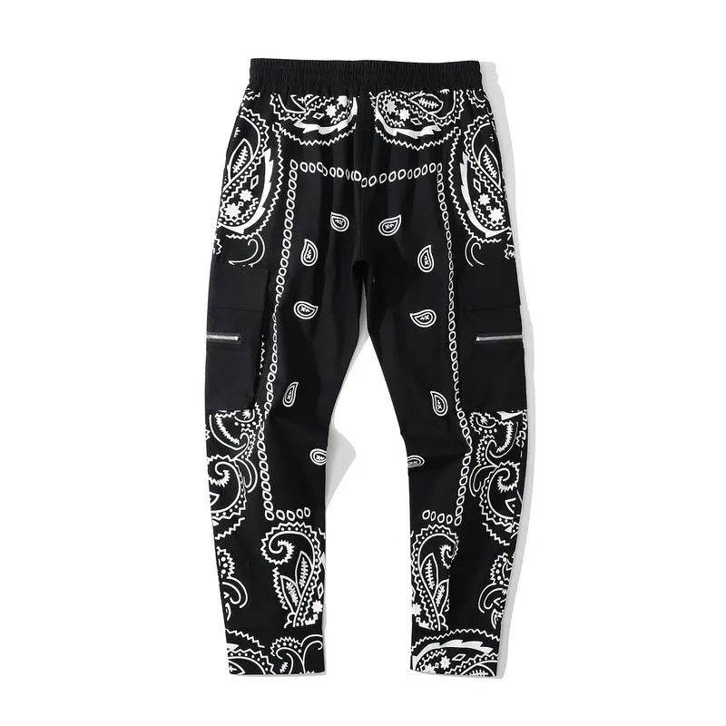 Man Fall Outfits Cargo Pants Men's Paisley Full Printed Multi-Pocket Slim Fit Casual Trousers