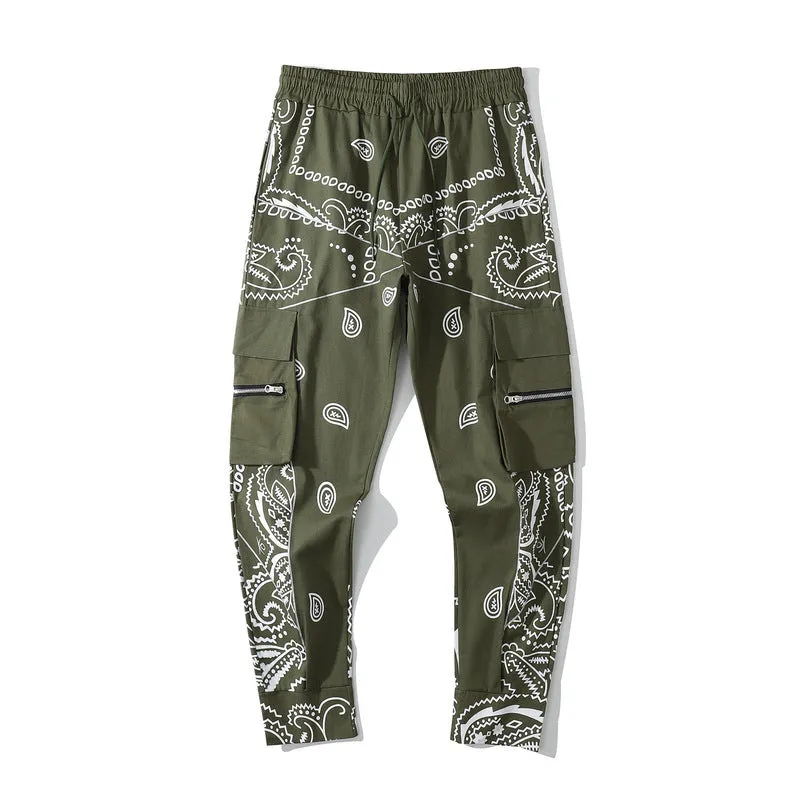 Man Fall Outfits Cargo Pants Men's Paisley Full Printed Multi-Pocket Slim Fit Casual Trousers