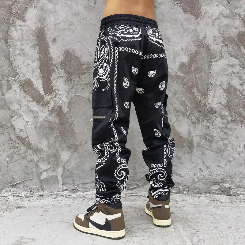 Man Fall Outfits Cargo Pants Men's Paisley Full Printed Multi-Pocket Slim Fit Casual Trousers