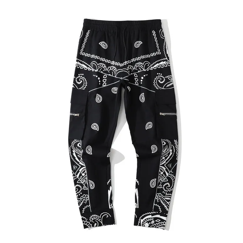 Man Fall Outfits Cargo Pants Men's Paisley Full Printed Multi-Pocket Slim Fit Casual Trousers
