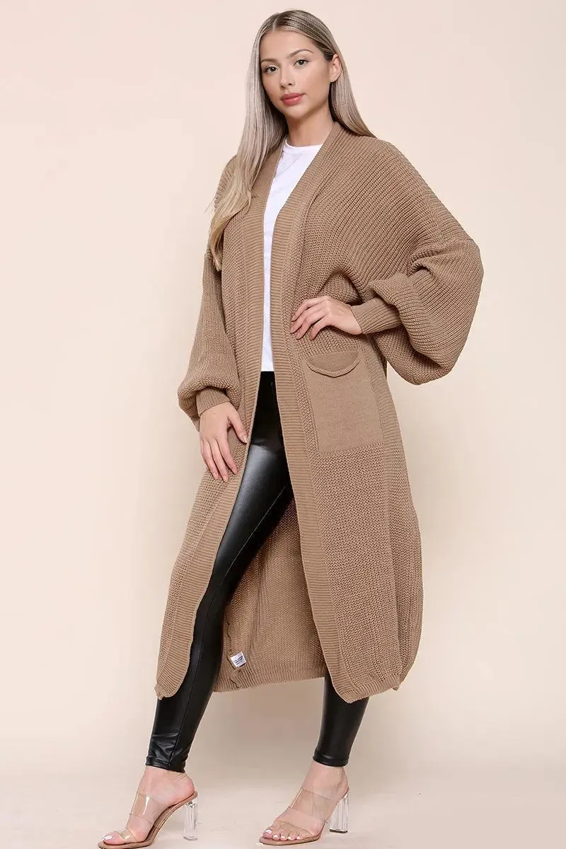 Mocha Casual Knit Puff Sleeve Loose Cardigan