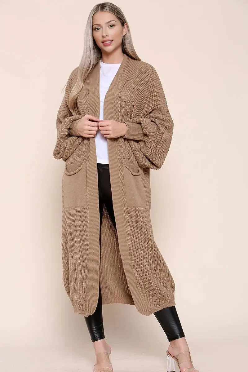 Mocha Casual Knit Puff Sleeve Loose Cardigan