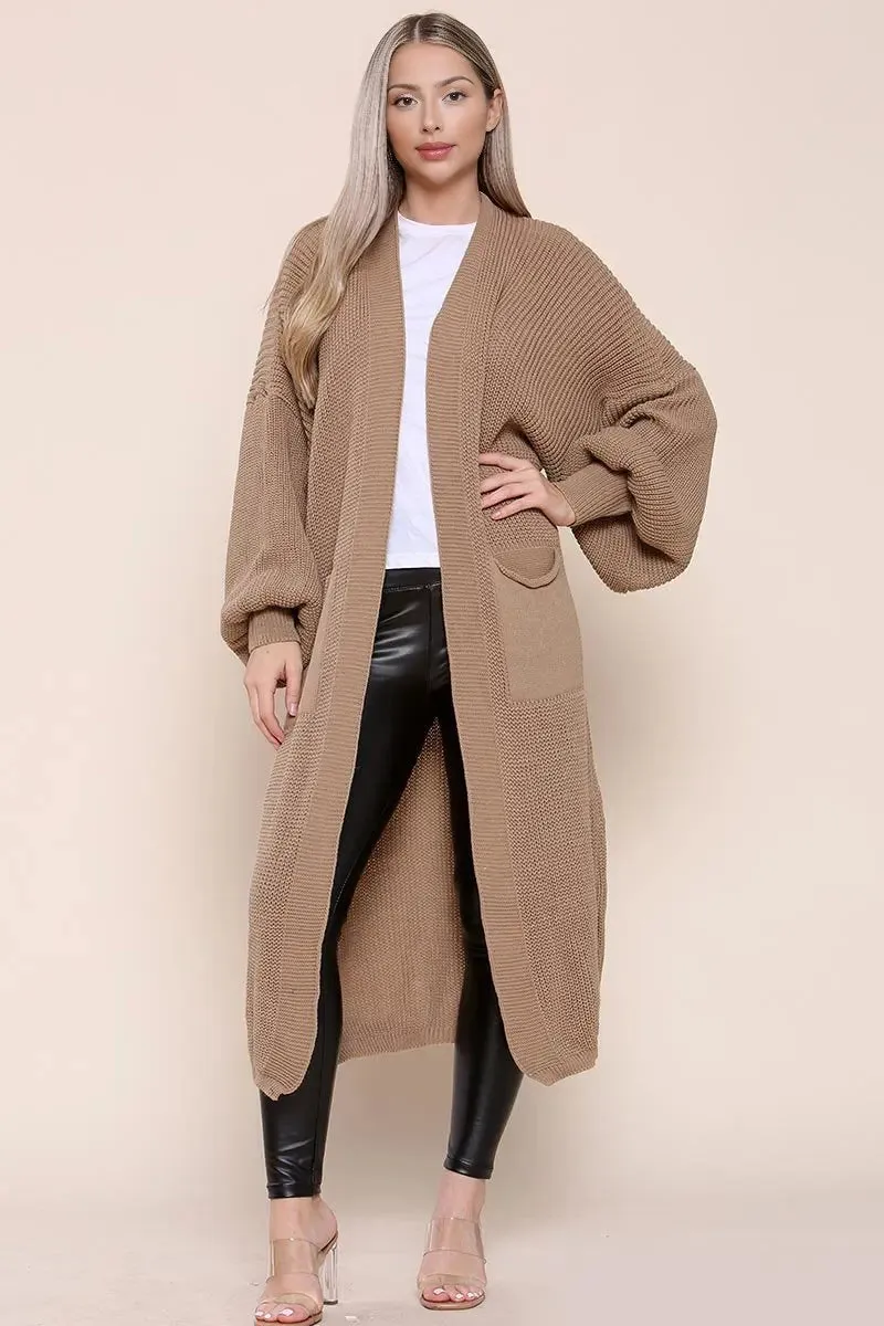 Mocha Casual Knit Puff Sleeve Loose Cardigan