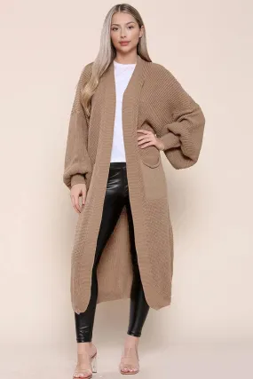 Mocha Casual Knit Puff Sleeve Loose Cardigan