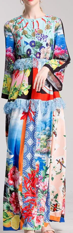 Multi Mixed Print Fringed Maxi Dress