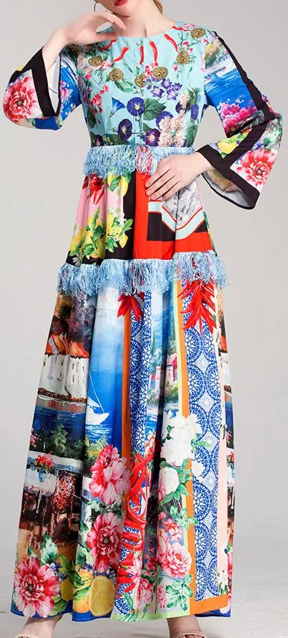 Multi Mixed Print Fringed Maxi Dress