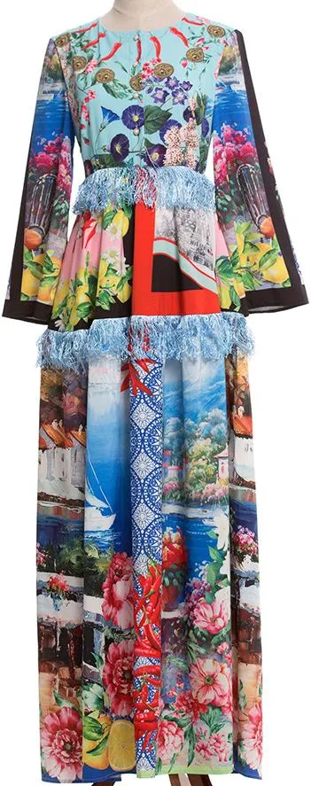 Multi Mixed Print Fringed Maxi Dress