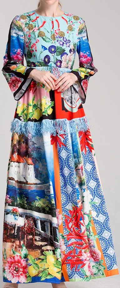 Multi Mixed Print Fringed Maxi Dress