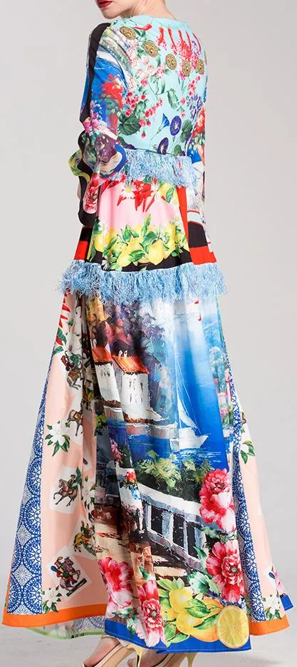 Multi Mixed Print Fringed Maxi Dress