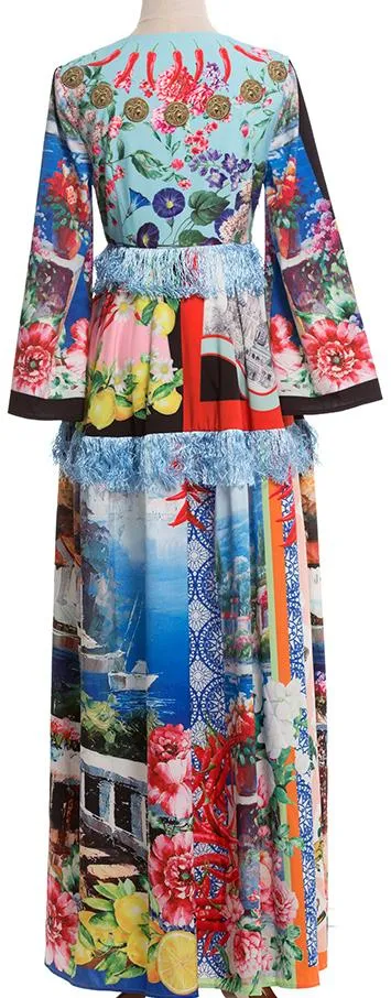 Multi Mixed Print Fringed Maxi Dress