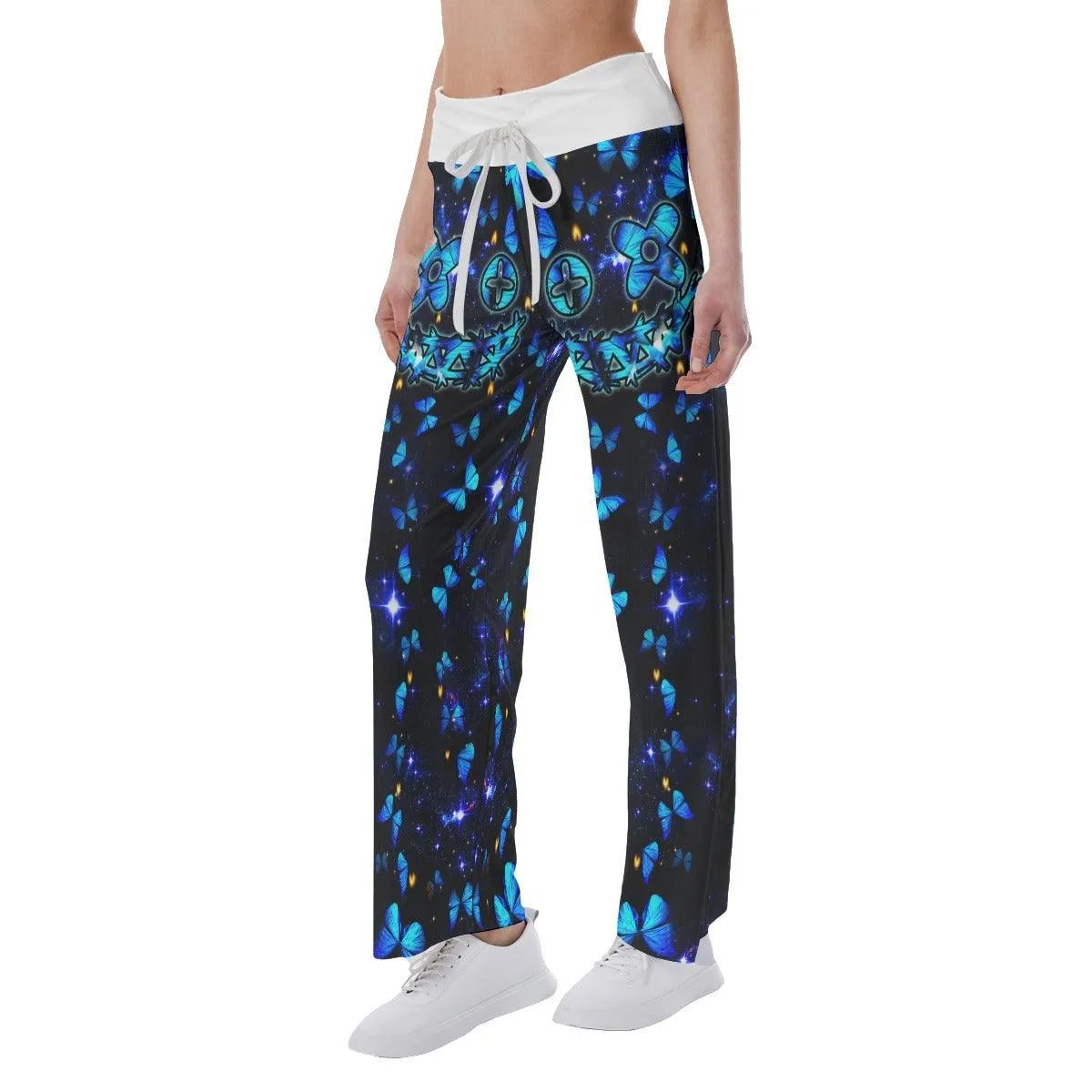 Neon Light Skull Butterfly High-waisted Wide Leg Pants