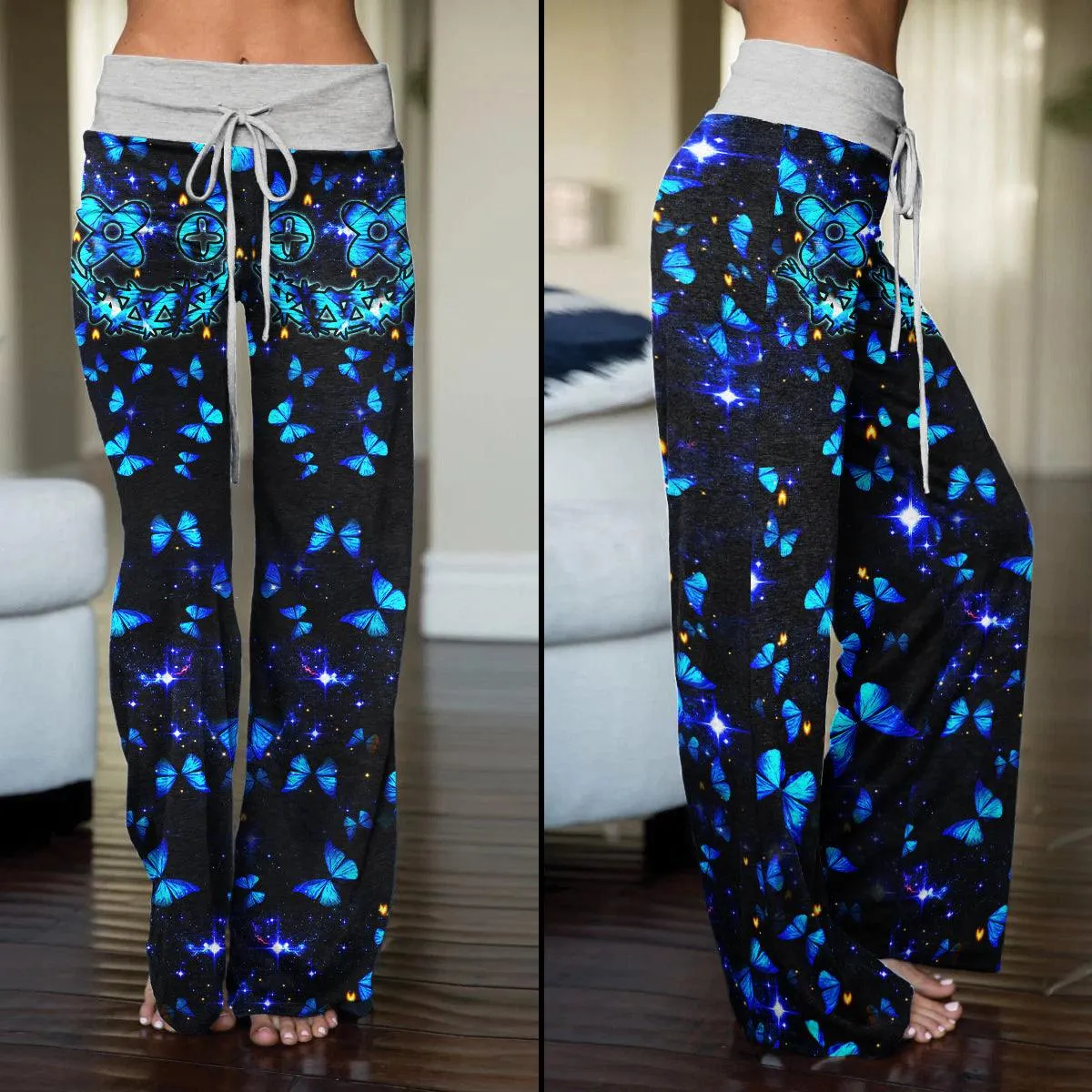 Neon Light Skull Butterfly High-waisted Wide Leg Pants