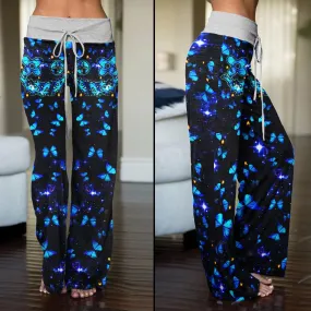 Neon Light Skull Butterfly High-waisted Wide Leg Pants