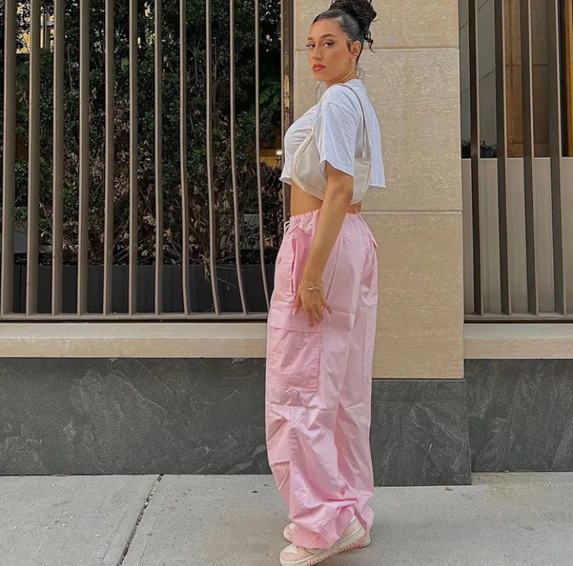 Pink Drawstring Loose Fit Cargo Pants