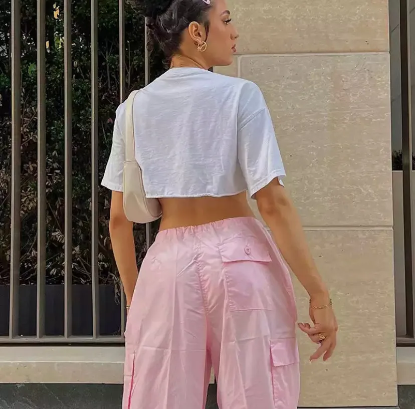 Pink Drawstring Loose Fit Cargo Pants