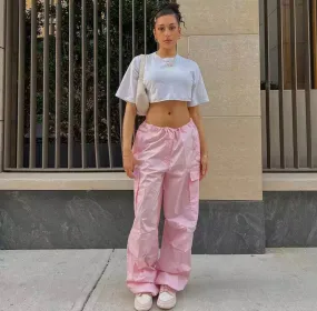Pink Drawstring Loose Fit Cargo Pants
